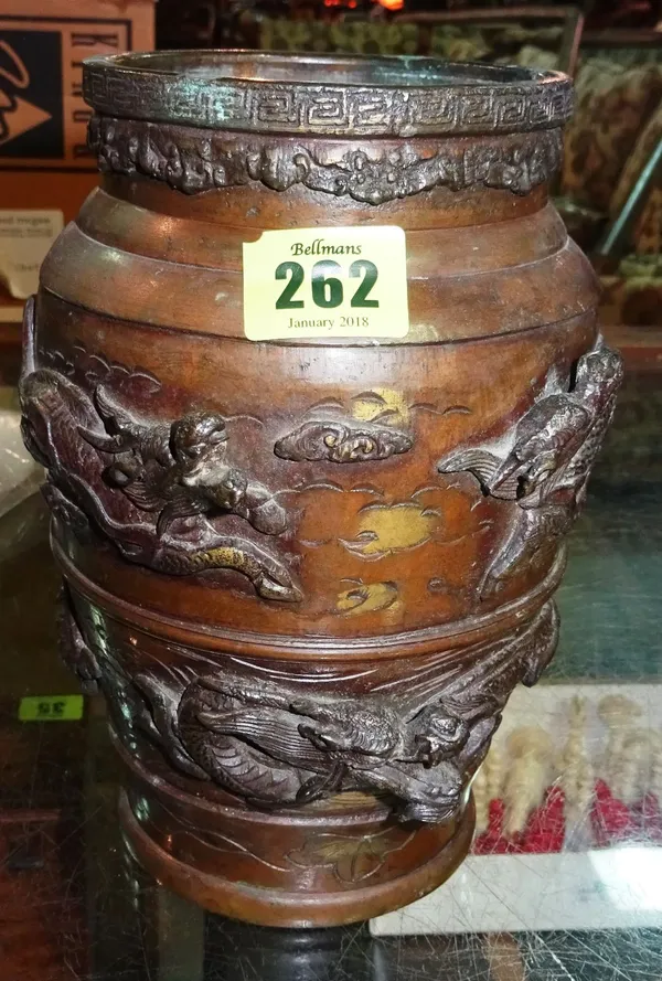 A 19th century Oriental bronze vase moulded with dragons.  CAB