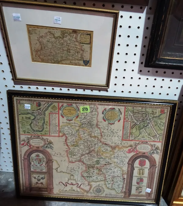 A framed and glazed John Speed map, part of Bedfordshire, a smaller map of Surrey and a watercolour of ponies in a field signed Mabel. A. Kingwell 192