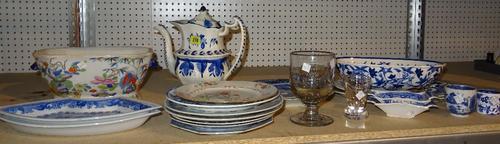 A large Victorian glass rummer, engraved 1870, and a Masonic toasting glass, together with ceramics, including 18th century and later mainly blue and