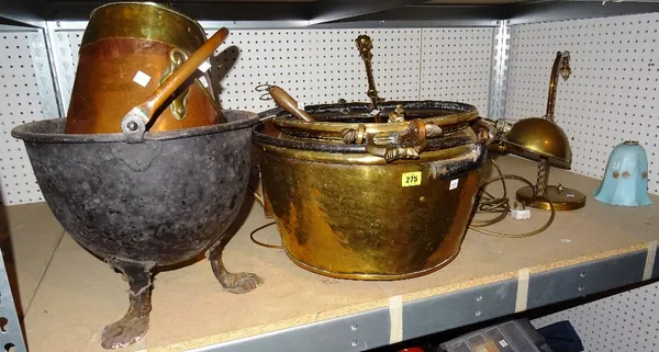 Copper and brass, including; a large brass bucket with swing-over handle, table lamps, fire tools and sundry, (qty).   S4