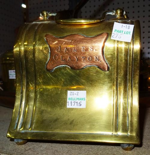 Copper and brass, including; a bell shaped brass money box with James Clayton on plaque, a pair of adjustable candlesticks, a large table lamp, an Art