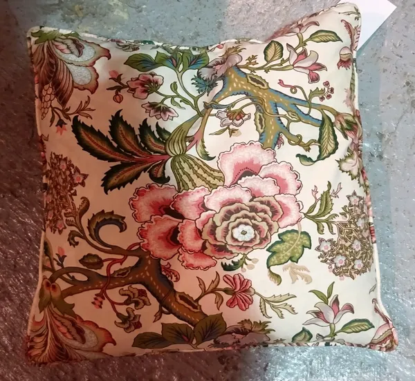 A group of matching cushions with cream ground and pink floral pattern, (6).    H11