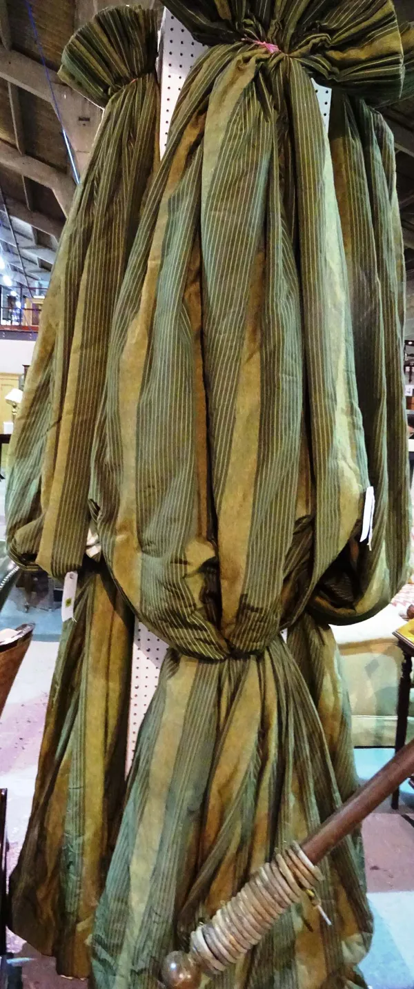 Curtains; two pairs of lined and interlined green and gold striped curtains, two measure 153cm wide x 283cm wide each and two measure 69cm wide x 283c