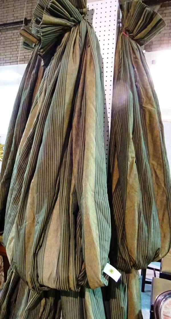 Curtains; a pair of lined and interlined green and gold striped curtains, 105cm wide x 283cm fall each and a single similar, 110cm wide x 283cm fall,