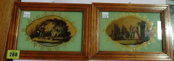 A pair of 19th century reverse painted on glass panels depicting medieval romantic scenes, each in an ebony strung boxwood frame, (2). CAB