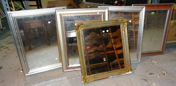 A group of five 20th century wall mirrors, one gilt framed and four further silvered, the largest 54cm wide, (5). G4