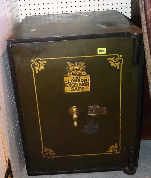 A black and gilt decorated small safe, 51cm wide x 67cm high. Please note that this lot is subject to VAT on the hammer   A6
