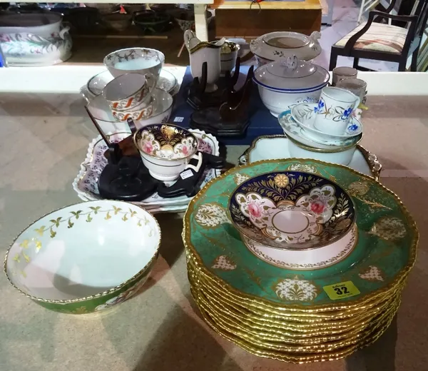Ceramics, including; twelve Doulton green and gilt dinner plates, early 19th century tea wares and sundry, (qty). S2