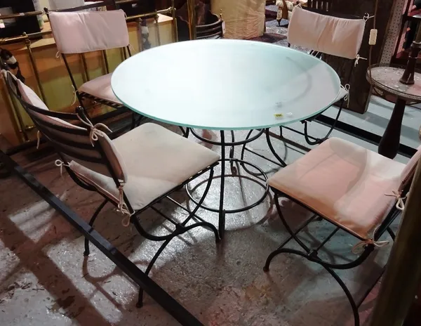 A 20th century metal and circular frosted glass top dining table and four chairs, 100cm wide x 72cm high, (5).   L7