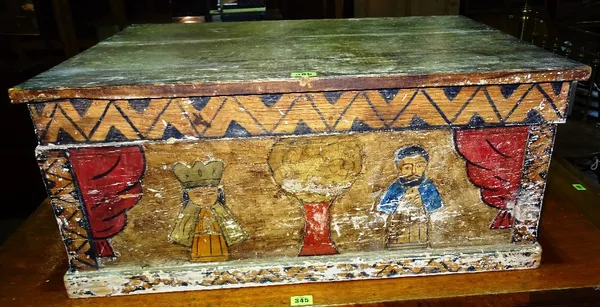 A pair of late 19th century Continental pine lift top boxes, painted with religious scenes, 72cm wide x 32cm high.   J7