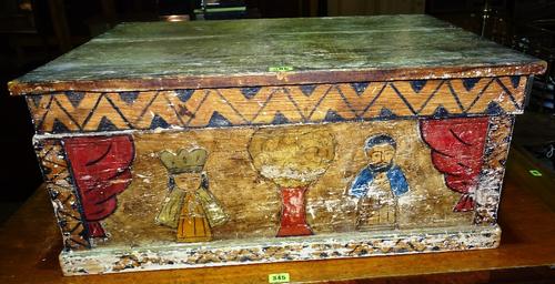 A pair of late 19th century Continental pine lift top boxes, painted with religious scenes, 72cm wide x 32cm high.   J7