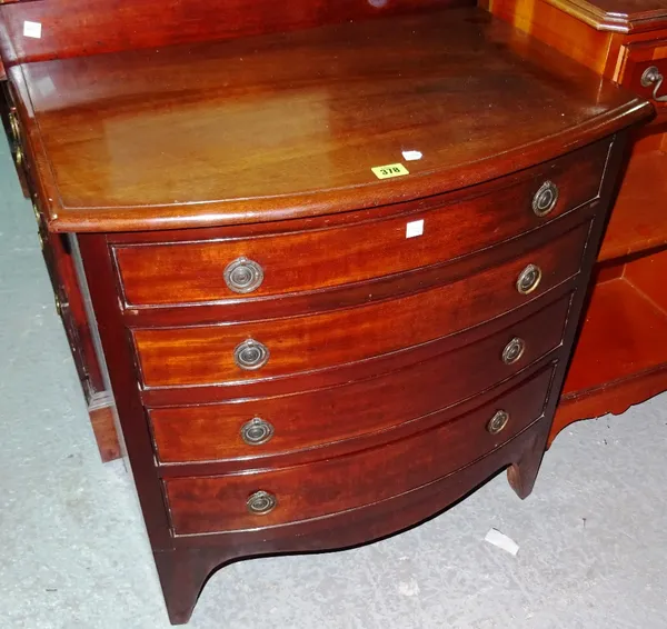A late 19th century mahogany small bowfront chest of drawers, with four long drawers.   F10