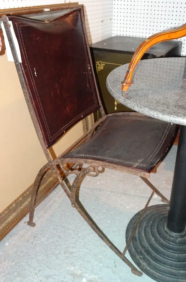 A pair of 20th century metal and leather folding chairs, (2).  B6