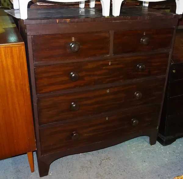 A 19th century mahogany straight fronted chest of drawers, with two short and three long drawers on bracket feet, 100cm wide x 108cm high.   J7