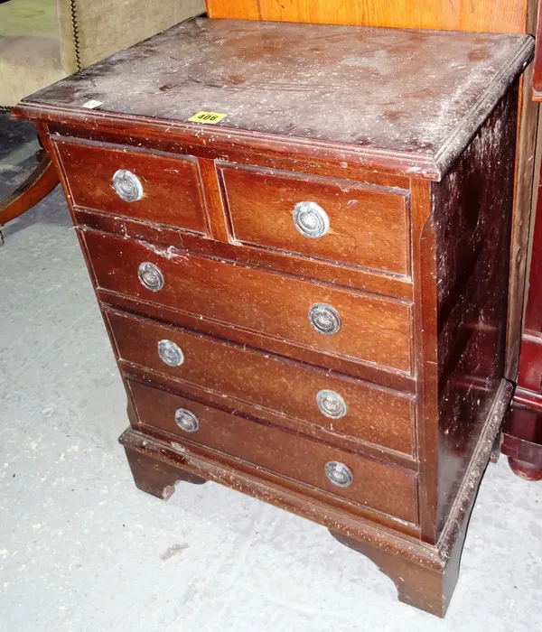 A pair of 20th century mahogany bedside chests, each with two short and three long drawers, on bracket feet, 48cm wide x 63cm high, (2).   D10
