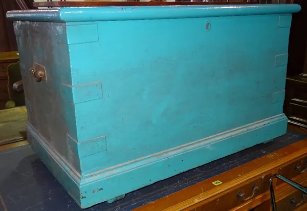 A 20th century blue painted iron bound trunk, together with a white painted trunk, 82cm wide x 46cm high.  F10