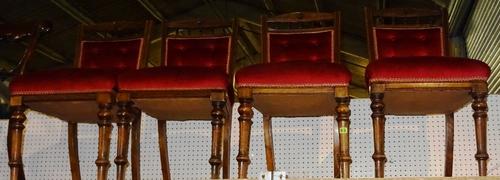 A set of four early 20th century mahogany bar back dining chairs, with red upholstery on turned supports, (4).  M3 TOP