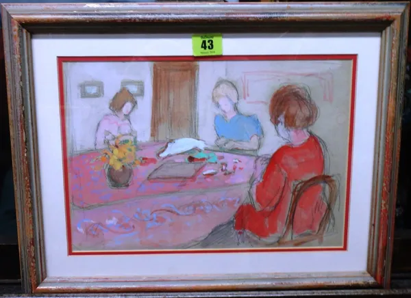 French School (20th century), Three ladies at a table, pencil and gouache, 21cm x 30cm.  J1