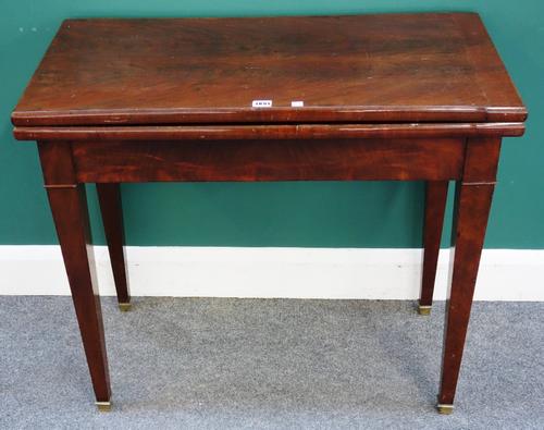 A 19th century French mahogany card table, with rectangular top on tapering square supports, 85cm wide x 74cm deep x 74cm high.  L6