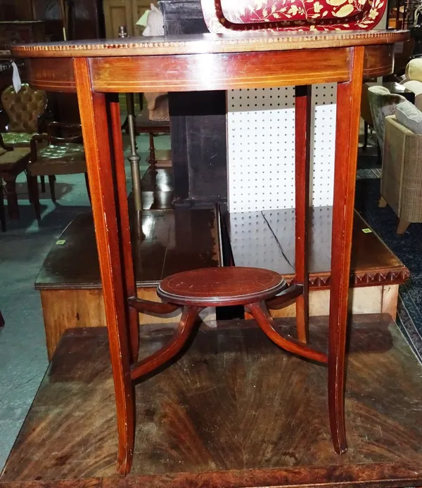 A 20th century mahogany and satinwood banded oval occasional table, 66cm wide x 74cm high.  F6
