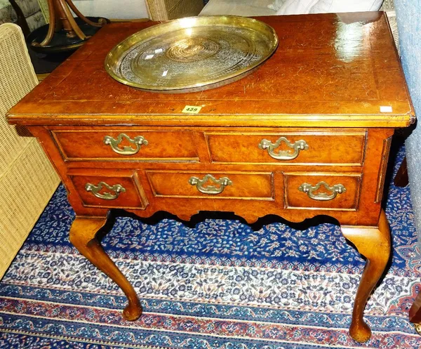 A George II style walnut desk on tapering turned feet, 76cm wide x 75cm high.   H5