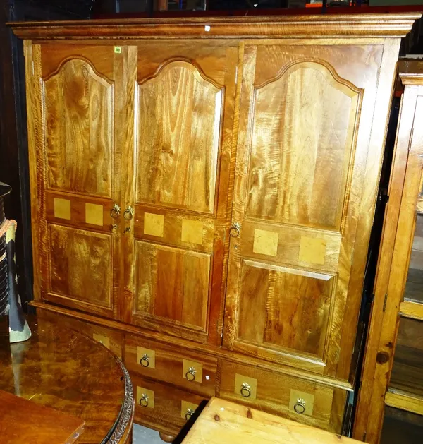 A 20th century hardwood and marble inlay triple wardrobe, 170cm wide x 200cm wide.   M9