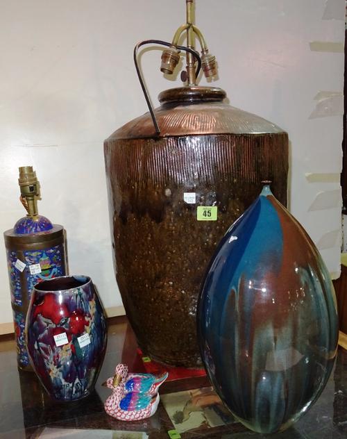 A large studio pottery table lamp, 20th century, mottled green and brown glaze with shade (100cm high overall), another ovoid vase with bottleneck spo
