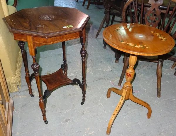 A Victorian rosewood octagonal table, united by undertier 50cm wide x 73cm high, together with a painted satinwood occasional table, 40cm wide x 68cm