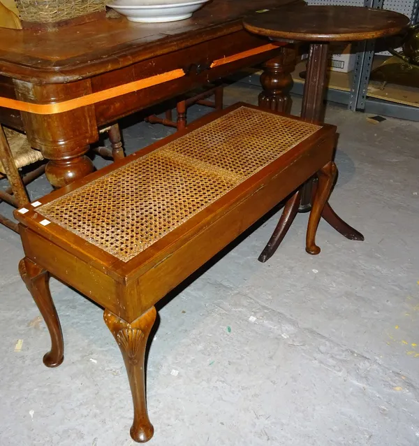A 19th century mahogany occasional table, 48cm wide x 73cm high, together with a mahogany and cane piano stool, (2).  K2