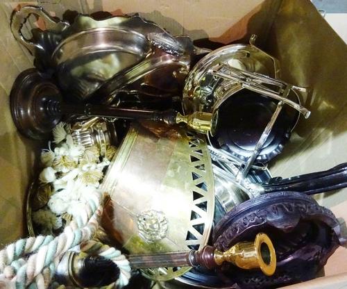 Silver plate and collectables, including; trays, bowls, entree dishes, a copper basket, lamps and sundry, (qty).   S2