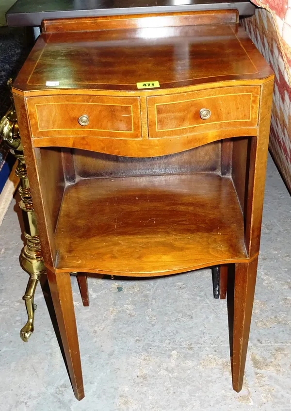 A 20th century mahogany serpentine bedside chest, together with a two drawer mahogany side table, on turned supports. (2).  G5