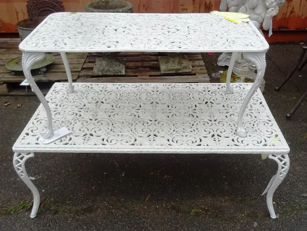 A similar pair of white painted metal rectangular garden low tables, the larger 114cm wide (2).   OUT