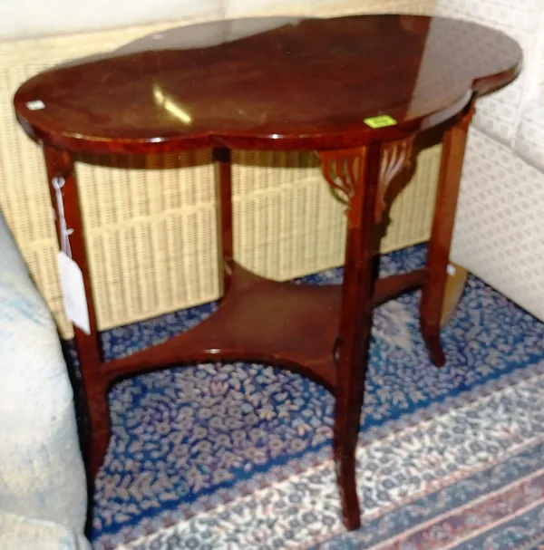 A 20th century walnut and inlaid clover top occasional table with four splayed supports united by undertier, 78cm wide.  G5