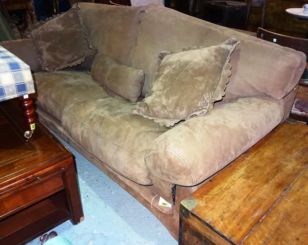 A 20th century brown suede upholstered sofa, 208cm wide. D8