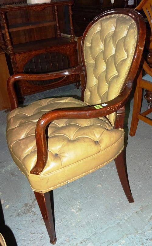 A set of four 19th century mahogany framed open armchairs with green leather button upholstered backs and seats. (4)   I7