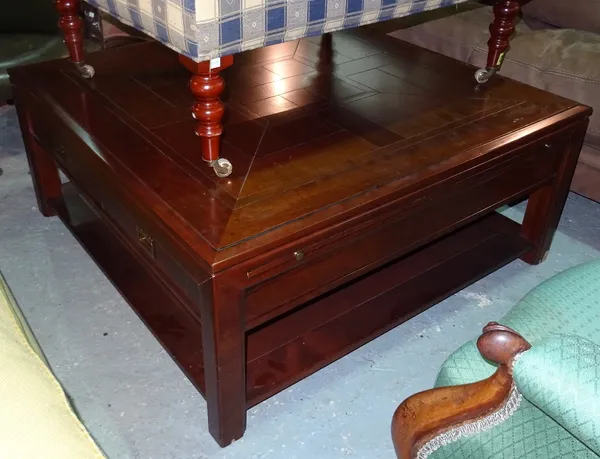 A 20th century square hardwood coffee table with pair of frieze drawers, 104cm wide.   D8