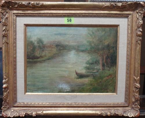 After Pierre Auguste Renoir, On the Seine near Le-Mer, oil on canvas, bears a signature, 22cm x 29cm.   J1