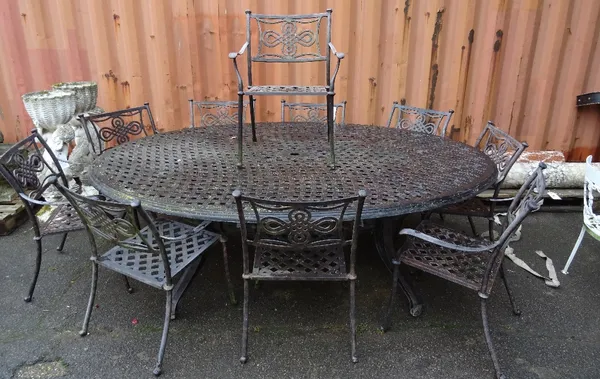 A 20th century metal oval garden table, with a set of ten matching chairs, (11).  OUT