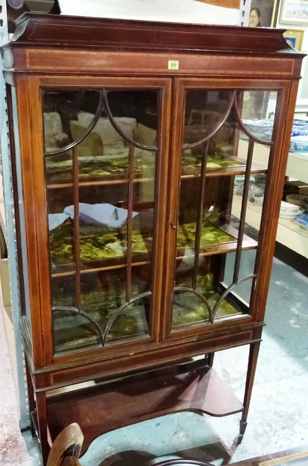 An Edwardian inlaid display cabinet, on square tapering supports, 91cm wide x 143cm high.  I3