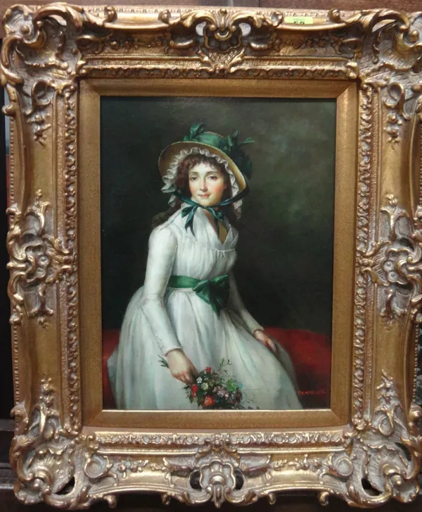 ** Besseler (late 20th century), A young woman in 19th century dress, oil on board, signed, 38cm x 28.5cm.   J1