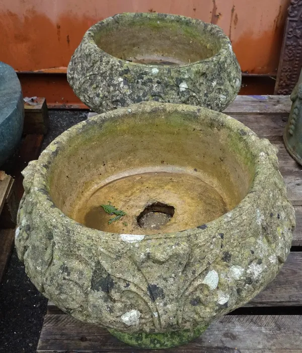 Garden statuary, including; a pair of 20th century reconstituted stone urns with socle base, 40cm wide x 41cm high (qty).   OUT