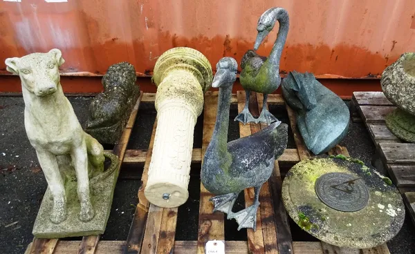 Garden statuary, including; mostly 20th century, reconstituted stone ornaments including a sundial, a greyhound, a lion, a gazelle and a fibreglass ge