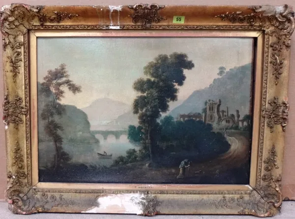 English School (early 19th century), A classical river landscape, oil on canvas, the frame inscribed 'F. Bonnett', 43cm x 63cm.   I1