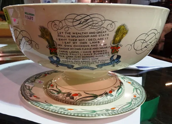 A B&L pottery 'Farmers Arms' pedestal bowl, early 20th century, decorated with moral verse and 'God speed the plough' banners, 30cm diameter, and a ma