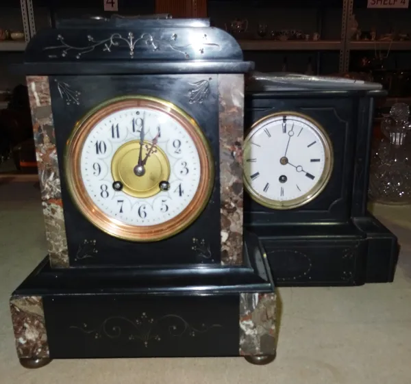A 19th century black slate eight day mantel clock, and another mantel clock, (2).  S3