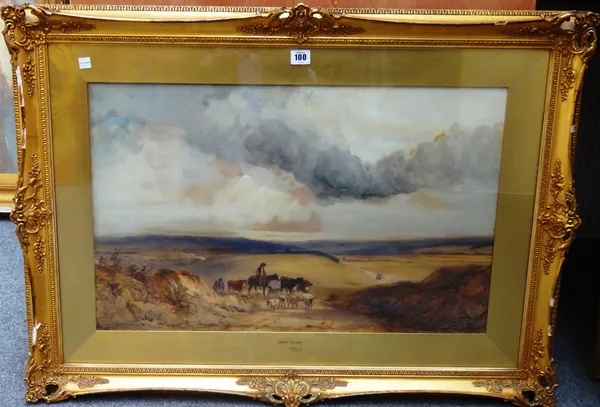 Circle of Copley Fielding, Landscape with cattle, sheep and drovers, watercolour, bears a signature, 42cm x 67cm.  J1