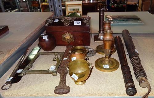 Collectables, including; a walnut tea caddy, two truncheons, a tortoiseshell page turner, candlesticks, a treen apple and sundry, (qty).  S2T