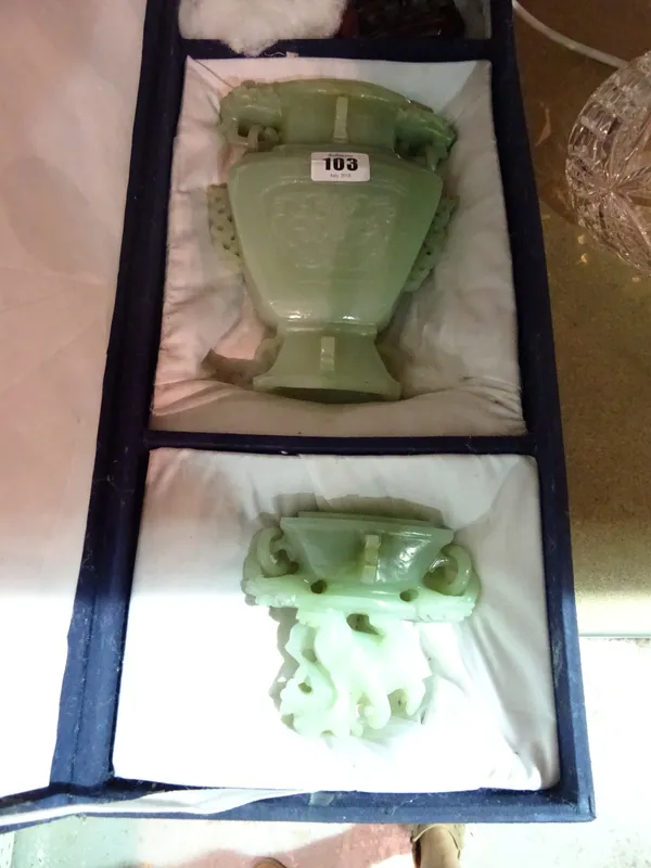 An Asian green hardstone urn and cover, cased, a cut glass table lamp and shade, (qty).  S1M