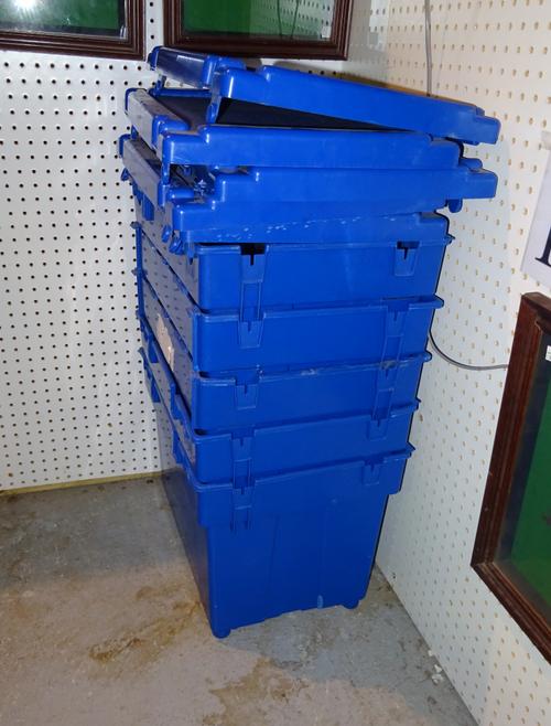 Fishing interest, including; five unused Shakespeare seat boxes with straps and cushions for sea or coarse fishing, (qty).   ROST