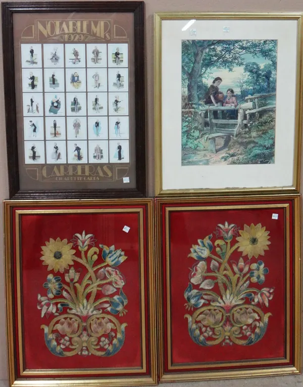 A quantity of assorted 20th century pictures and prints, including two embroidered panels,(qty).  J1